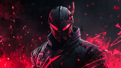 Armored cyber warrior with red energy aura in darkness.