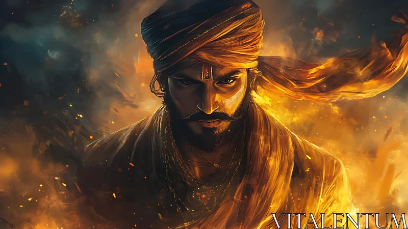 Fiery warrior portrait radiates power, resolve, and mystery.