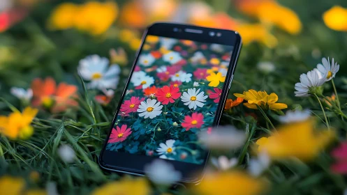 Mobile Device Displaying Vibrant Floral Imagery in Garden Setting.