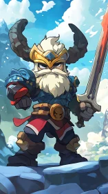 Cartoon viking warrior stands on icy cliff with sword drawn.
