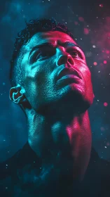 High-contrast neon portrait uses split cyan-magenta rim lighting
