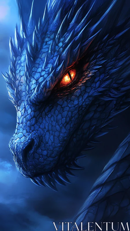 Blue dragon close-up shows glowing ember eye in misty night