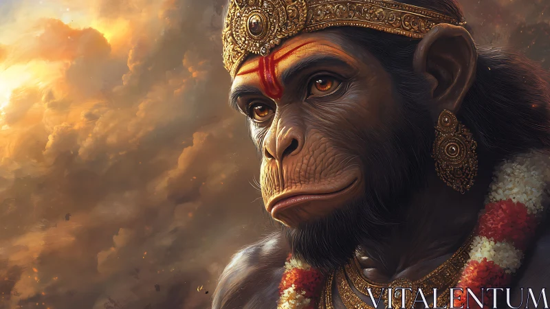 Crowned simian warrior gazes through stormlit golden skies.