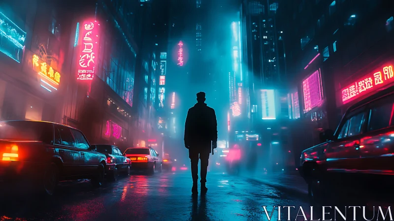 Silhouette stands in neon lit foggy street between parked cars