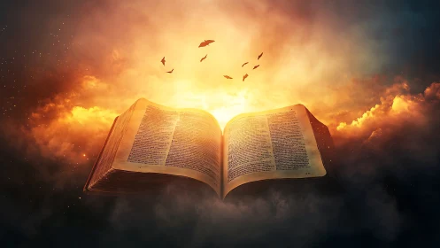 Ancient sacred book glows amid fiery clouds and rising light