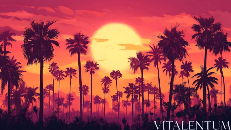 Sunset palms glow warmly against a radiant tropical sky