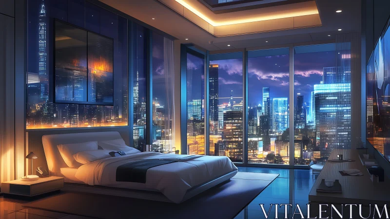 Modern high rise bedroom with panoramic city skyline view.