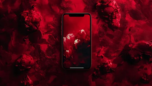 Photorealistic red smartphone on abstract textured canvas backdrop.