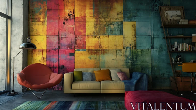 Color-soaked living room where cozy comfort meets bold art.