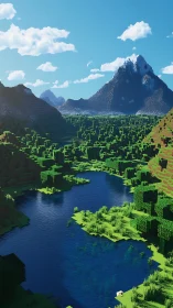 Voxel river valley under towering snowcapped mountain peaks.