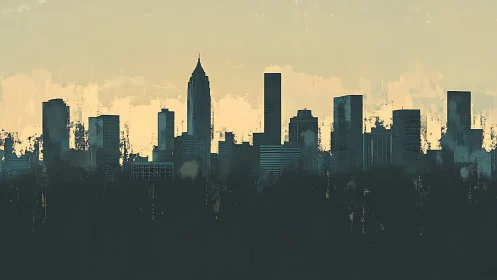 Urban skyline silhouette under muted golden dusk sky.