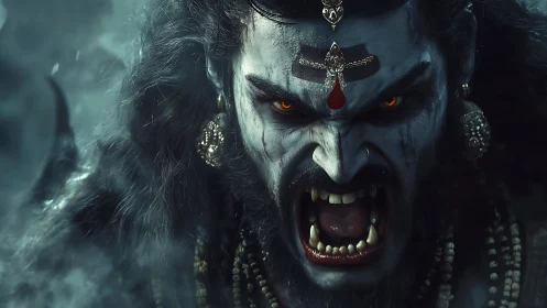 Demonic warrior portrait with glowing eyes and fanged roar.