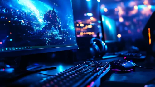 PC gaming workstation with illuminated peripherals at night.