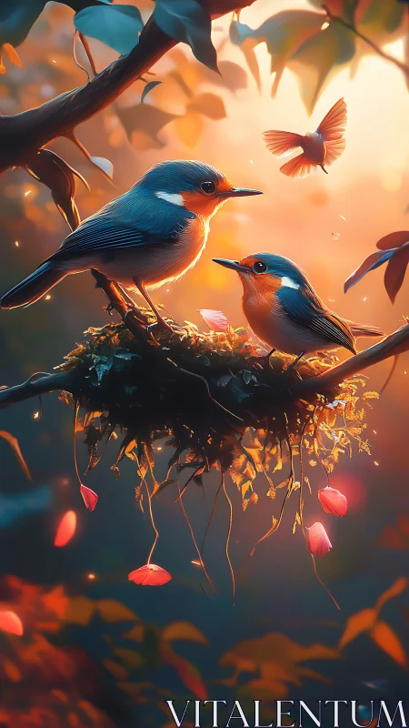 Gentle songbirds sharing a glowing forest nest at sunset.