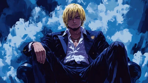 Blond anime antihero sits in shadowed throne of deep blues