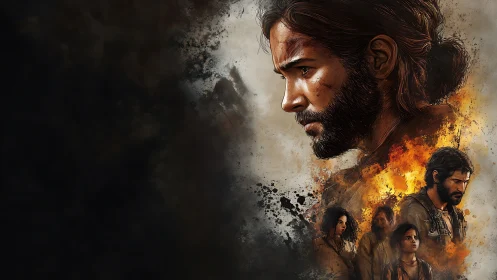 Brooding bearded man amid fire and group portrait collage.