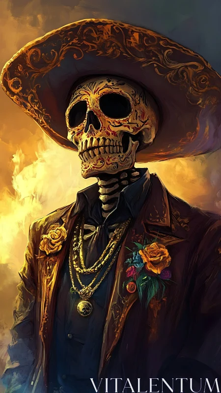 Elegant skeletal caballero smiles through painted eternity