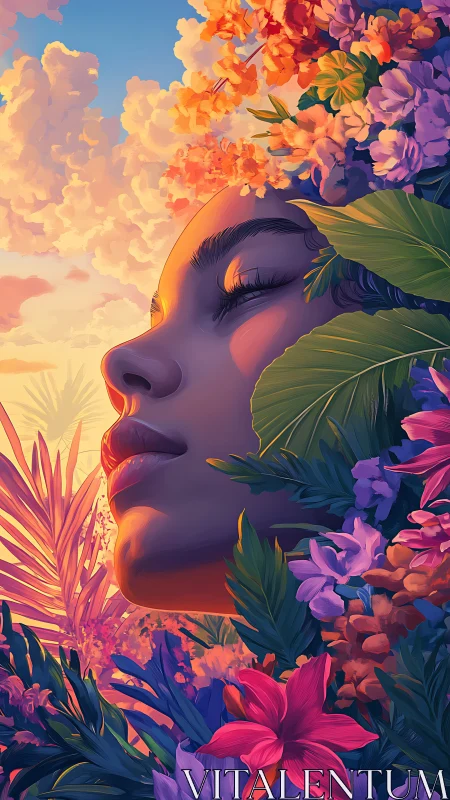 Serene female profile immersed in luminous tropical florals.