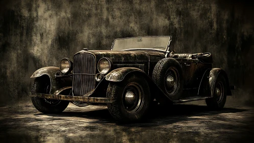 Vintage convertible roadster in dramatic dark studio light.