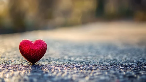 Glittered Crimson Heart on Pavement Surface.