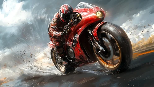 Red superbike racer slashes through stormy speed and spray.