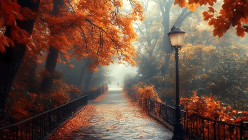 Fog-kissed autumn walkway under ember-bright trees.
