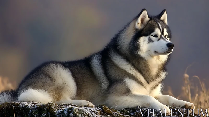Majestic husky rests on frosty ground at golden hour.
