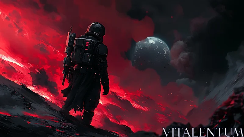 Lone space wanderer gazes over a fiery alien horizon
