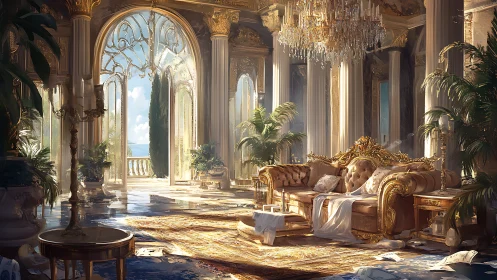 Sunlit palace lounge captures decadent, golden serenity.