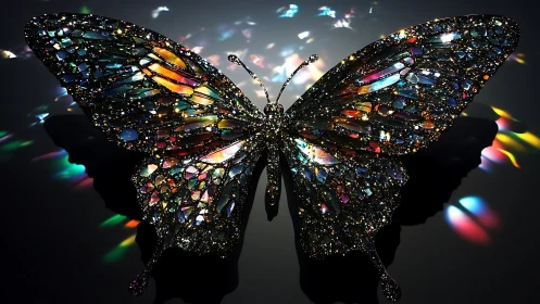 Iridescent gemstone butterfly sculpture with refracted light display