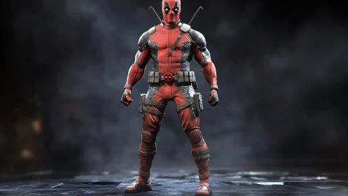 Armored red-suited antihero stands poised in cinematic fog