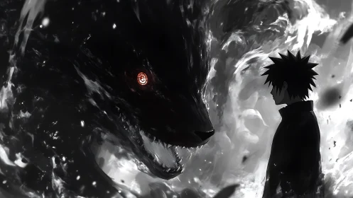 Shadow beast confronts lone anime figure amid swirling chaos.