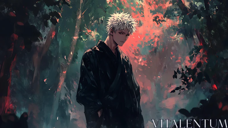 White haired swordsman stands in dusk lit forest path.