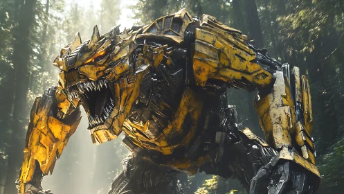 Metallic beast robot roaring in dense sunlit forest.