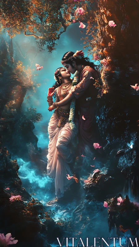 Divine Romance in Ethereal Cavern with Luminous Flora.