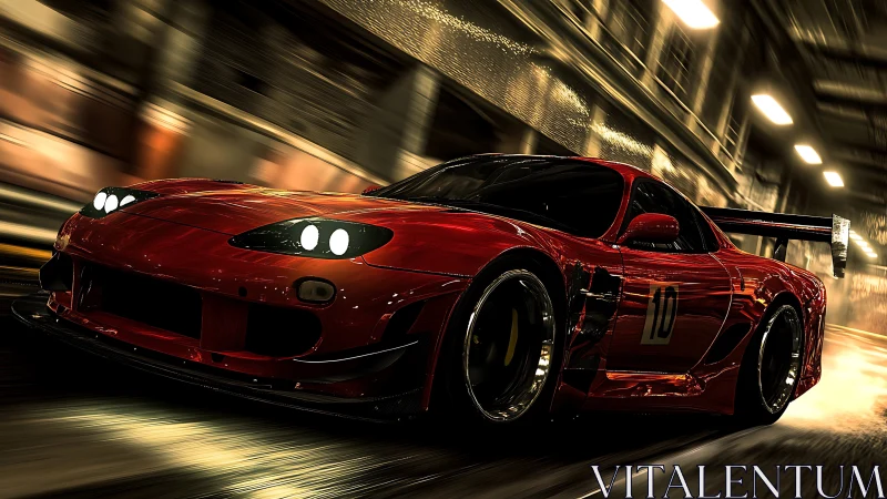 Red tuned sports car racing through night city tunnel.