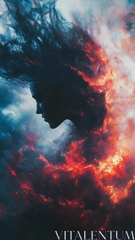 Female profile silhouette merged with fire and ice elements