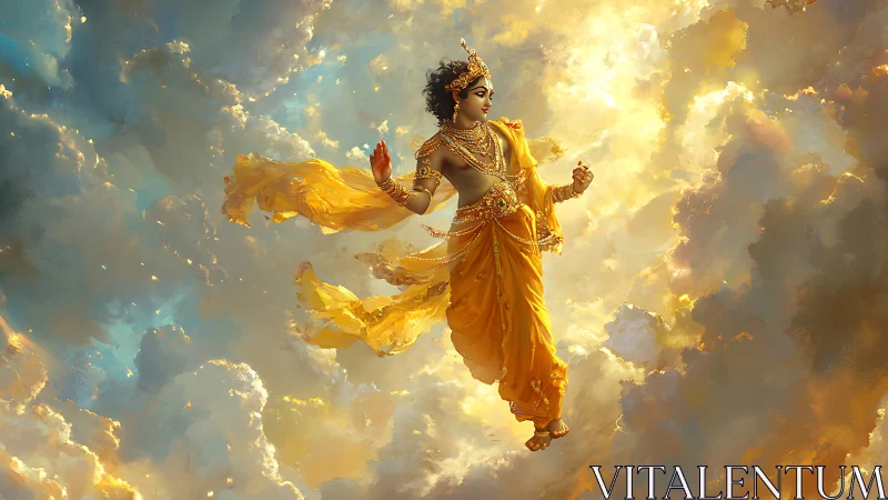 Radiant sky dancer drifting through molten sunrise clouds.