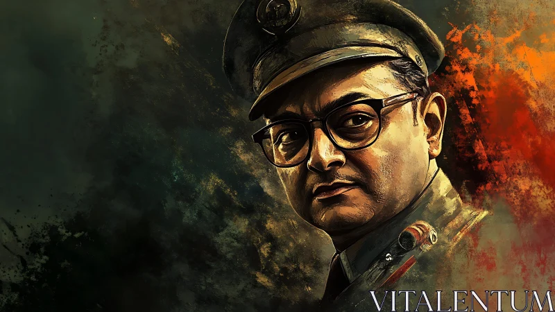 Commanding officer portrait amid burning abstract field.