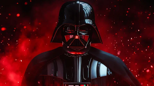 Iconic masked villain stands in a storm of crimson light.