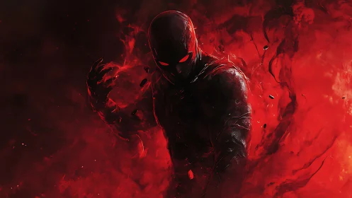 Digital painting of shadowed red-cloaked antihero in infernal field.