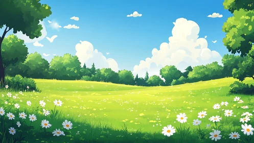 Illustrated green meadow with trees, flowers and clouds.