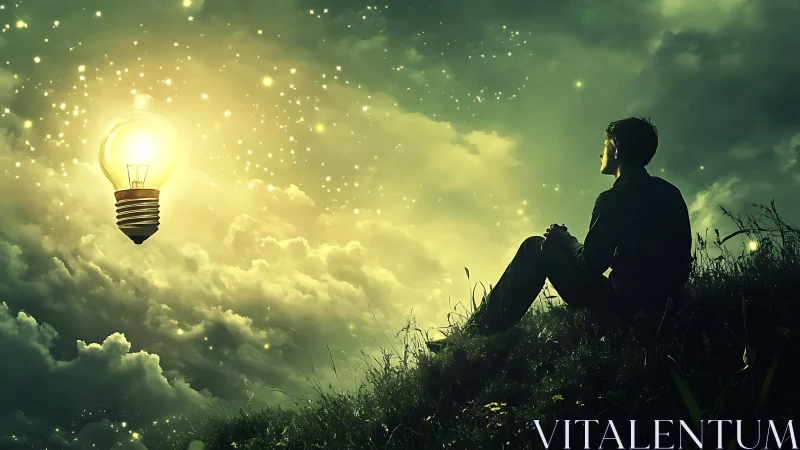 Solitary dreamer studies glowing bulb over luminous clouds