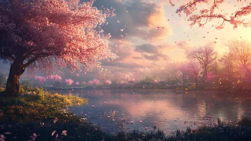 Twilight blossoms drift above a spellbound springtime lake.