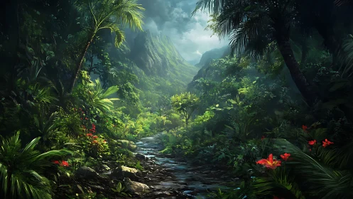 Lush Tropical Canyon Valley with Cascading Stream and Vibrant Flora.