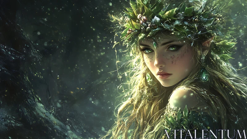 Forest spirit with emerald eyes in shimmering starlit glade.