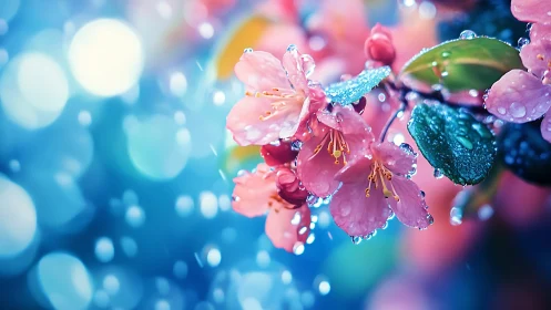 Dewy Blossoms Dance Against Shimmering Blue Bokeh