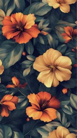 Orange and Cream Floral Pattern with Botanical Leaves