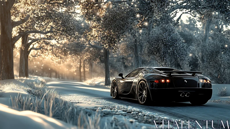 Midnight-black supercar on a frosty forest road at dawn.