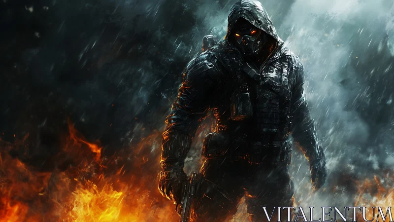 Armored hooded soldier standing amid fire and smoke.